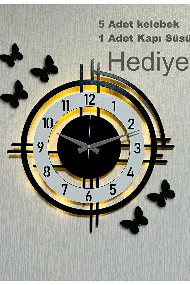 Işıklı Ahşap Duvar Saati 48 cm Dekoratif modern tasarım